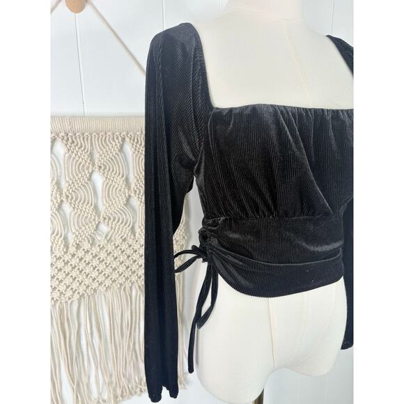 Lavender Moon Black Ribbed Ruched Crop Top Small Long Sleeve Ren Fair Peasant - Picture 3 of 7